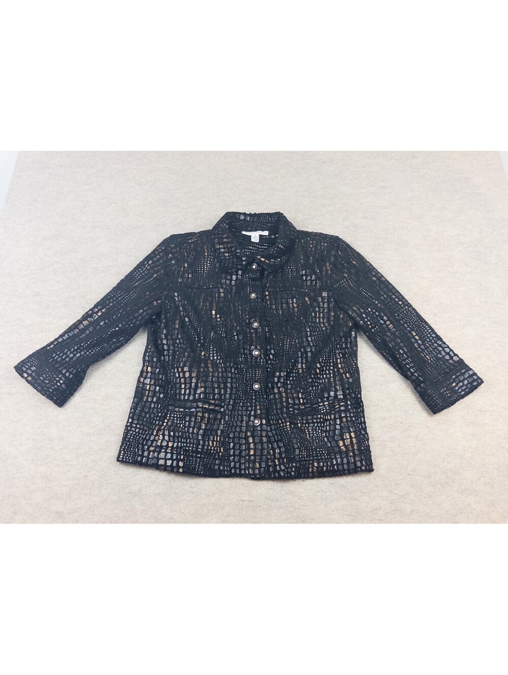 JM Collection Metallic Black Gold Reptile Print Open Weave Jacket Blazer 6P